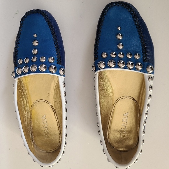 PRADA Driving Moc Studded Silver Embellished Loafer Flat Royal Navy White 36 - Picture 3 of 10